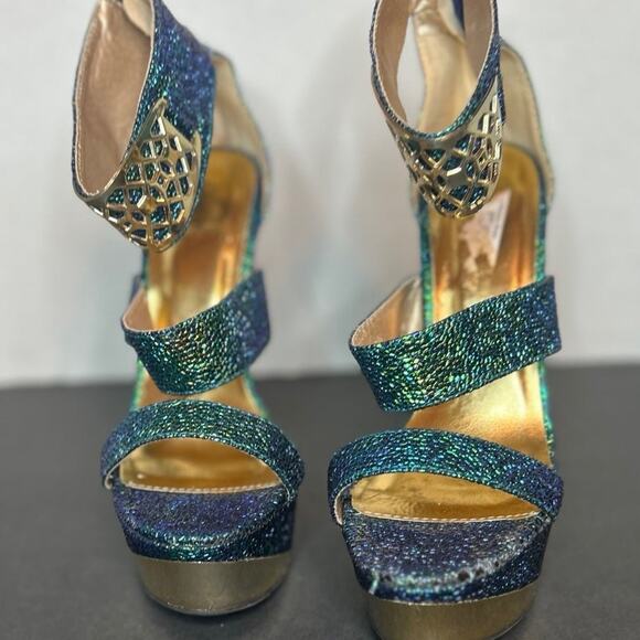 Qupid Cute gently used Sexy Blue/Green Sparkle Platform Heels with back zippe W7 - Picture 6 of 6